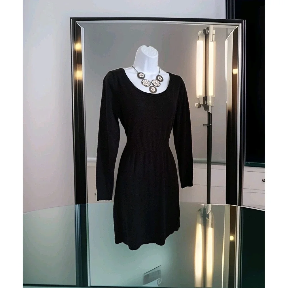 Old Navy Sweater Dress M Black Scoop Neck Ribbed‎ Waist Long Sleeve Cotton Blend